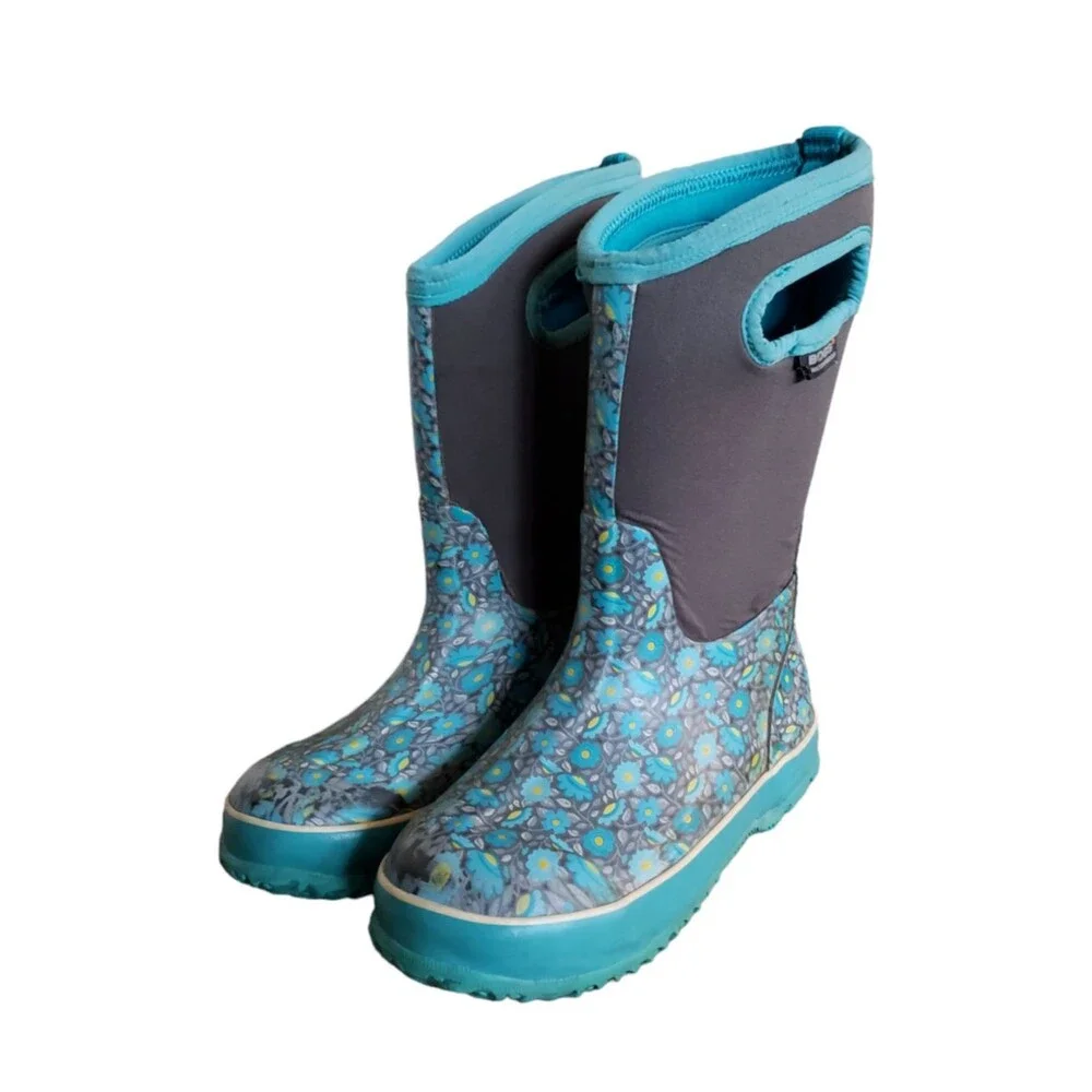 BOGS Youth Classic Floral Boots Kids Youth Size 2 Teal Insulated Waterproof Boot